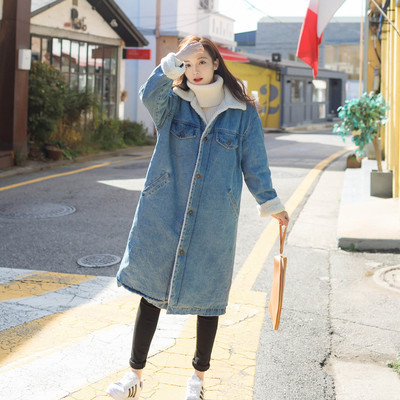 2020冬季新款羊羔毛牛仔外套女中長款加絨加厚寬松大碼保暖棉服