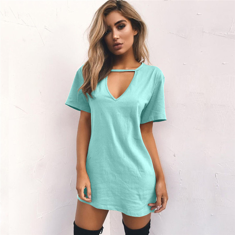 Sexy Deep V-neck Short Sleeve Loose Casual Dress NSGE38867