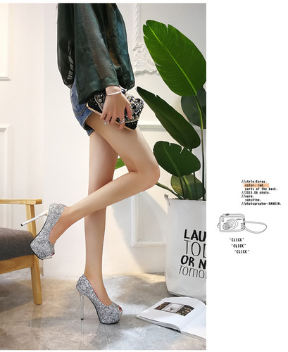  Fashionable Sequin Trends: Sexy European & American Style Nightclub Fishmouth Ultra-High Heel Platform Shallow-Open Women's Pumps 9126-5