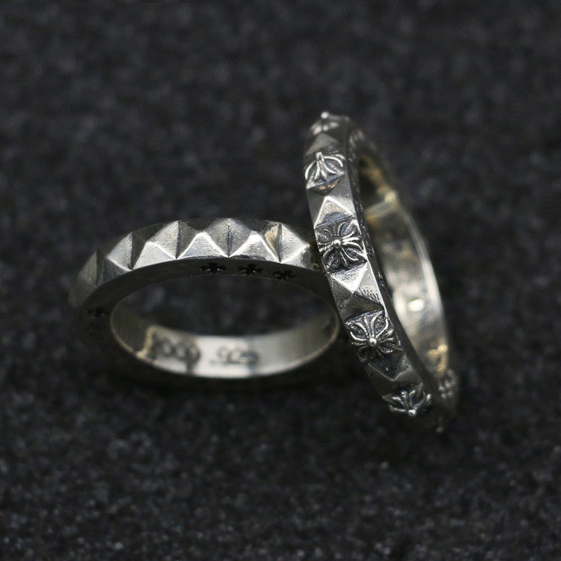 情侣个性泰银戒指 简约纯银十字花指环食指欧美潮流复古首饰品