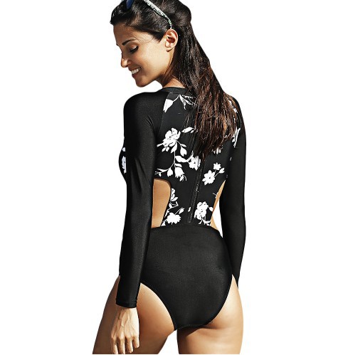 long-sleeved floral zipper sexy one-piece swimsuit  NSHL42484