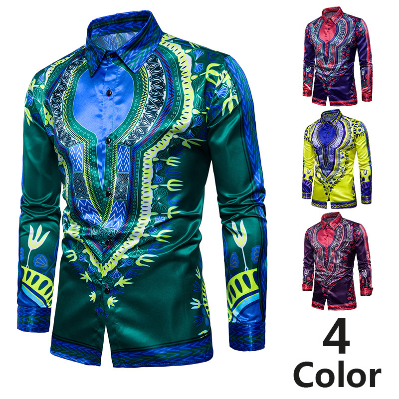 Foreign trade men's spring and autumn new national style loose printed long sleeve shirt men's European size Lapel men's shirt