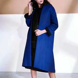 杰斯美琪2024冬季新款女装翻领中长款双排扣拼色韩版毛呢大衣女