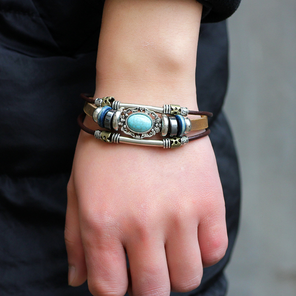 2 Stück echtes Leder, modisches DIY-Palast-Rindsleder-Armband, schwarze Gallenstein-Holzperle, antiker Stil_voghion.com
