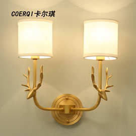 双头鹿角壁灯 客厅背景墙壁灯全铜美式鹿角壁灯 全铜双头壁灯