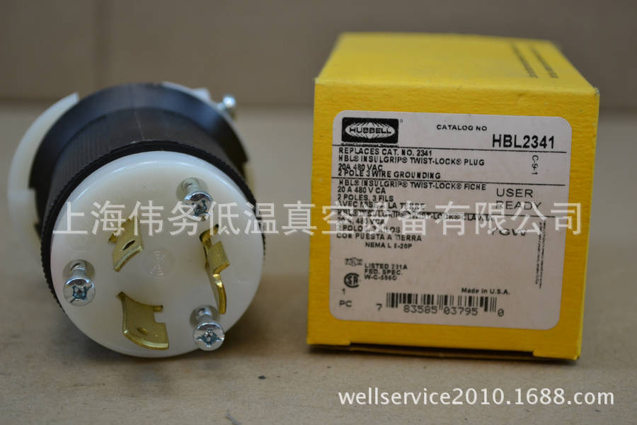 Hubbell HBL2341 plug 20A 480 VAC 2 Pole 3 Wire L8-20P