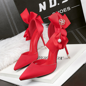 Pointed silk high heels bow sexy pearl sandals