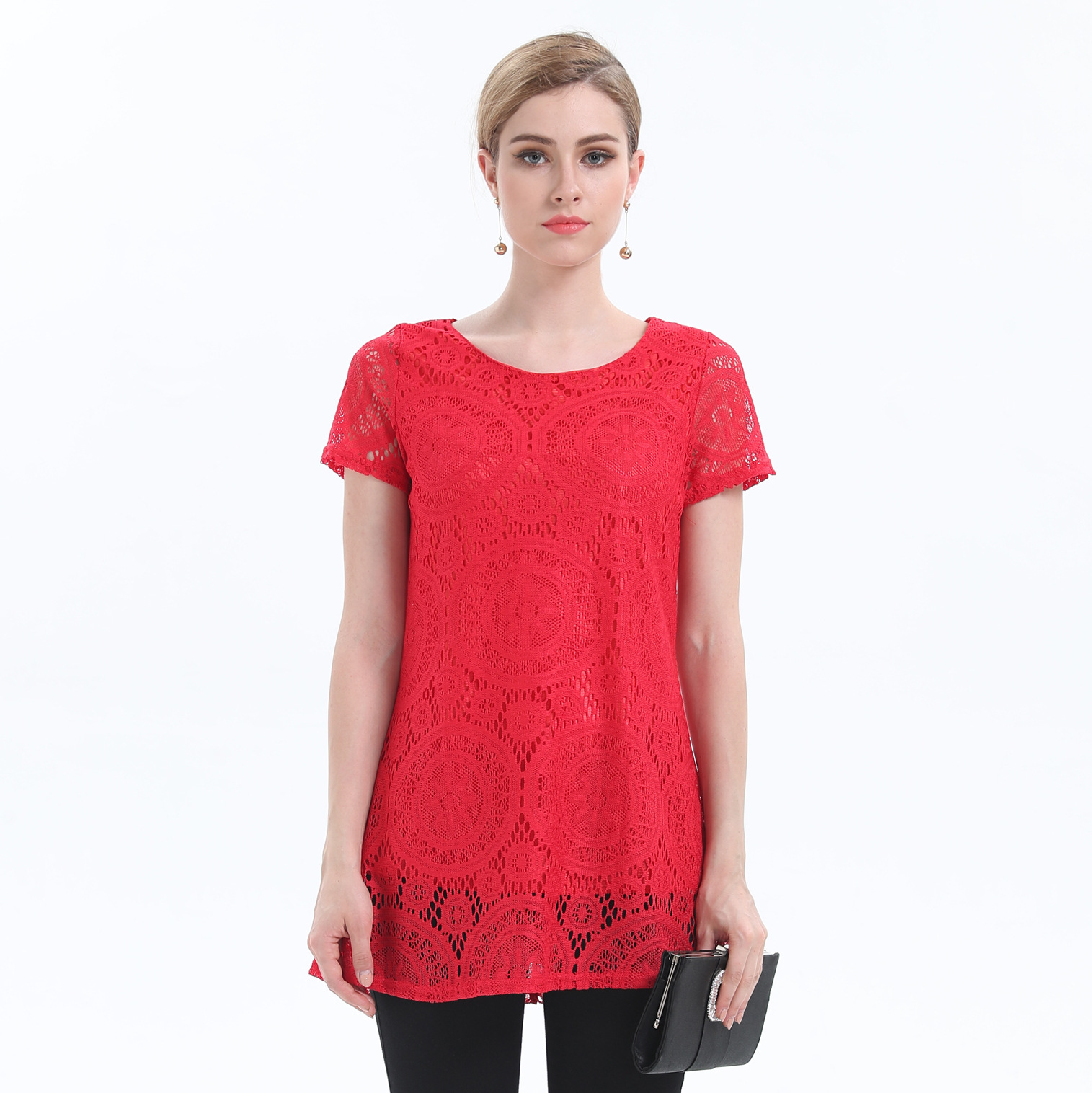 Large Size Round Neck Short Sleeve Lace Shirt  NSJR36768