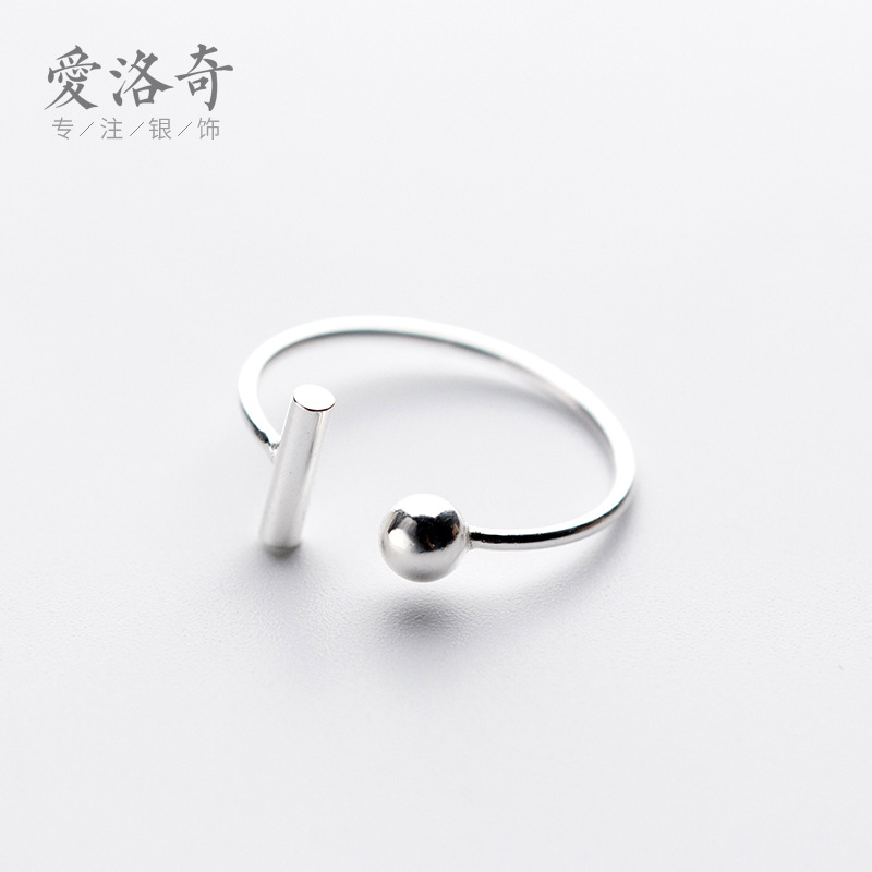 S925银戒指女日韩风个性气质一字圆珠开口戒指简约时尚指环J3380