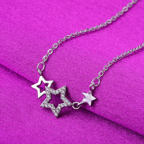 New trendy silver-plated necklace lockchain embellished with stones, star-shaped, cute and sweet, Korean-style silver jewelry accessory, birthday gift