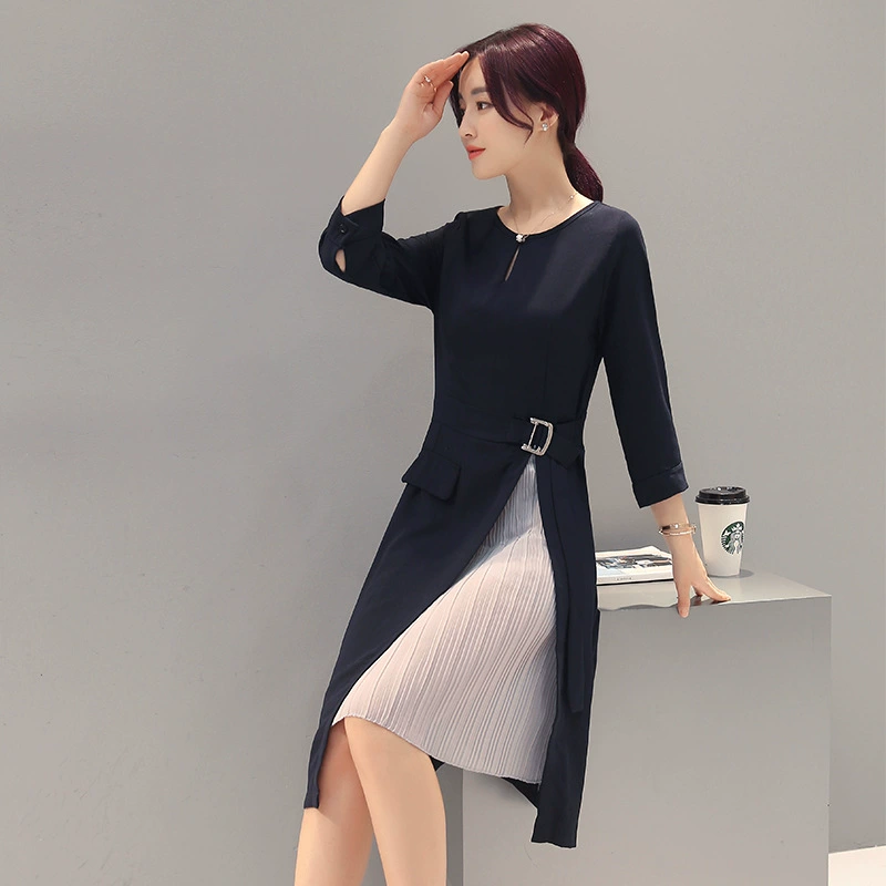 Новинка Весна 2019, женское платье с рукавами три четверти, осень, тонкая юбка средней длины, Женская темпераментная юбка А-силуэта, модная