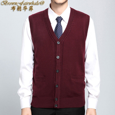 秋冬男式装针织衫羊毛羊绒开衫纯色背心毛衣马甲坎肩中青年外套|ru