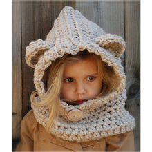 秋冬歐美針織帽子卡通小熊毛線護耳戶外披肩兒童護頸斗篷帽批發