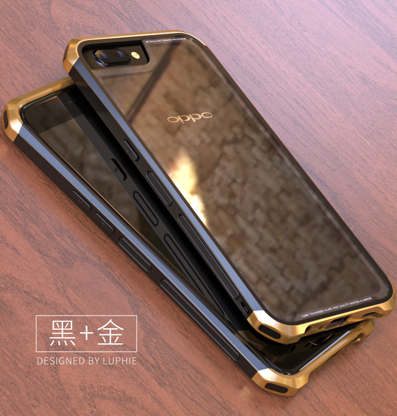 Luphie Nunchaku Airframe Metal Frame Air Barrier Tempered Glass Back Case Cover for OPPO R11 & OPPO R11 Plus