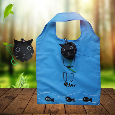 折叠购物袋便携收纳包涤纶丝印手提袋定制卡通黑猫购物袋收纳袋|ru