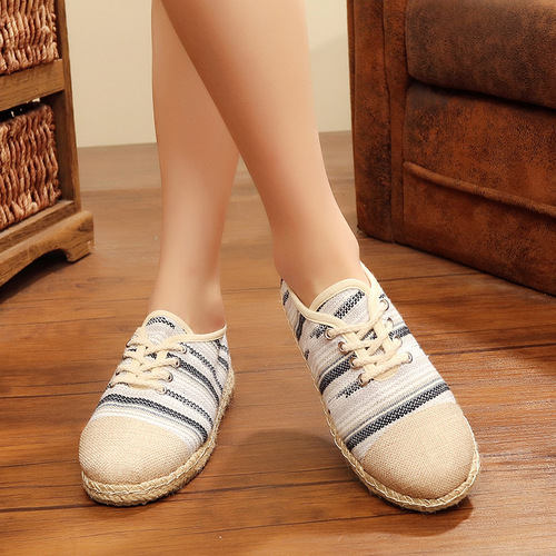 Tai chi kung fu shoes for womensingle shoes cotton linen stripe flat bottom breathable straw woven shoes