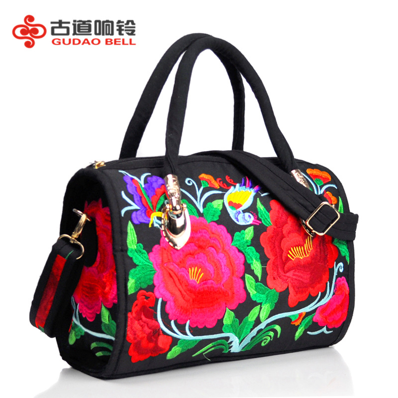 Estilo étnico bordado crossbody portátil de doble uso bolsa de tambor lienzo bordado floral bolsa de viaje hombro portátil bolso de las mujeres