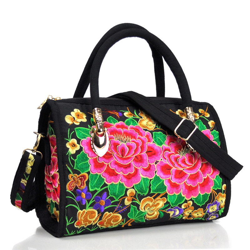 Estilo étnico bordado crossbody portátil de doble uso bolsa de tambor lienzo bordado floral bolsa de viaje hombro portátil bolso de las mujeres