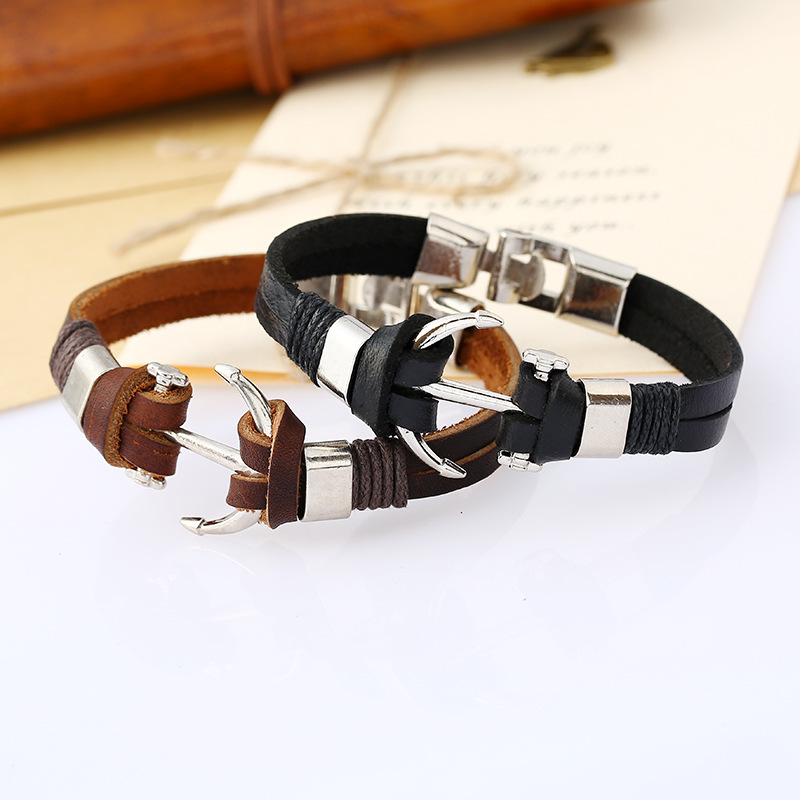 Explosion style retro handmade woven anchor leather bracelet new jewelry wholesale
