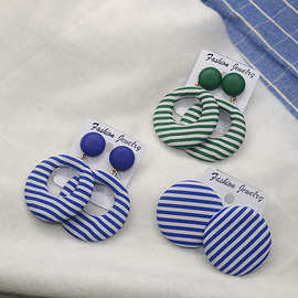 韩国新款夏日时尚少女个性布艺海军蓝条纹海滩气质圆环耳钉耳环