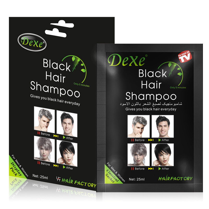 跨境热销Dexe一洗黑25ml二折页挂卡染黑发洗发水批发