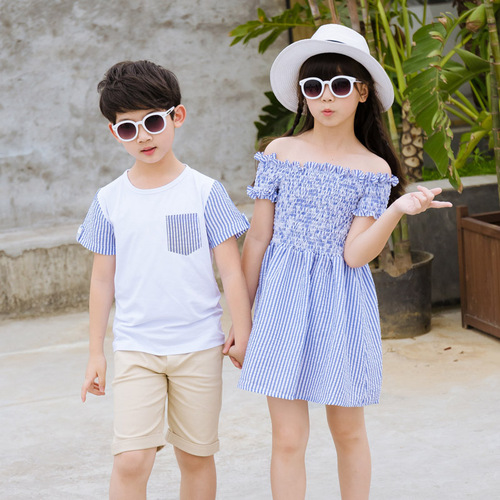 Summer Parent-Child Outfit Fashion Trendy Kids Short Sleeve T Family Set Mother and Daughter One-Shoulder Dress 1138