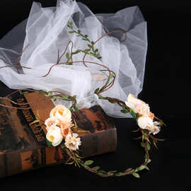 韩式热销花朵花环头纱 新娘礼服配饰 彩色花朵头饰发带 新娘饰品