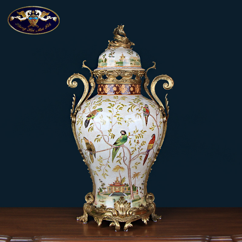 欧美复古陶瓷配铜储物罐大盖坛客厅玄关将军罐摆件仿古瓷器工艺品