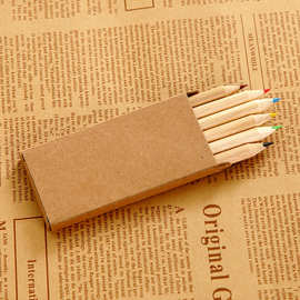 牛皮纸盒铅笔 彩铅套装 6支装纸盒彩色铅笔 原木色圆杆彩色铅笔