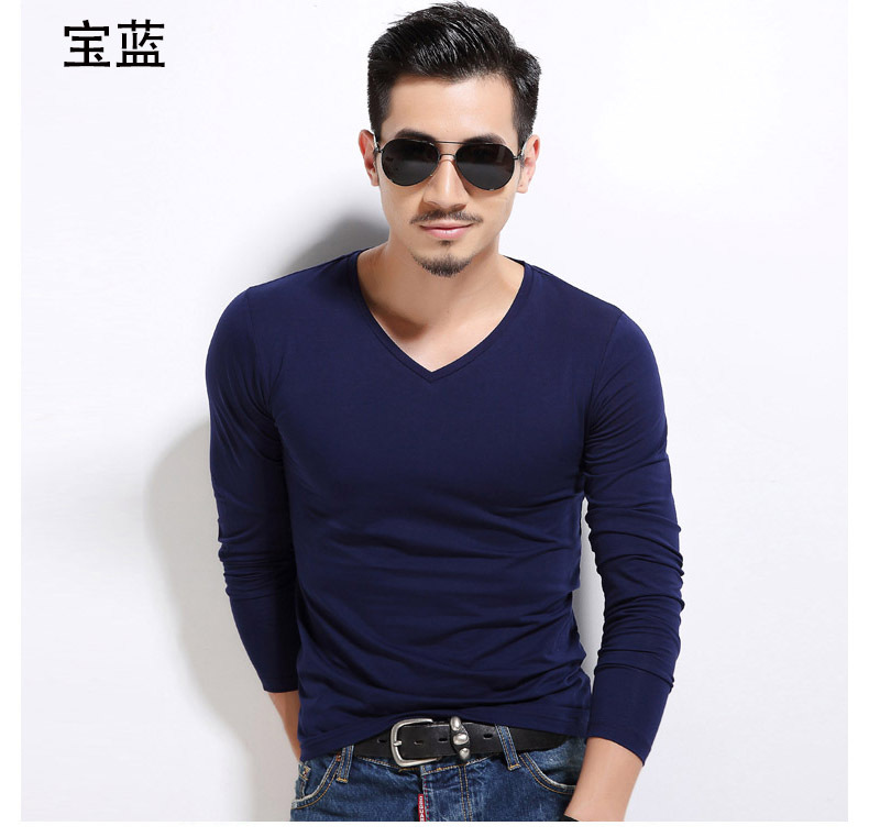 长袖t恤 男圆领薄款白色秋衣服男士修身纯色打底衫秋季男装