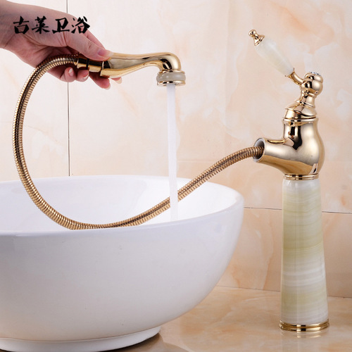 European natural jade countertop hot and cold faucet all-copper golden American art basin marble antique faucet