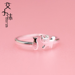 地攤貨925銀戒指森系甜美幸福貓吃魚戒指指環可愛小貓小魚食指戒