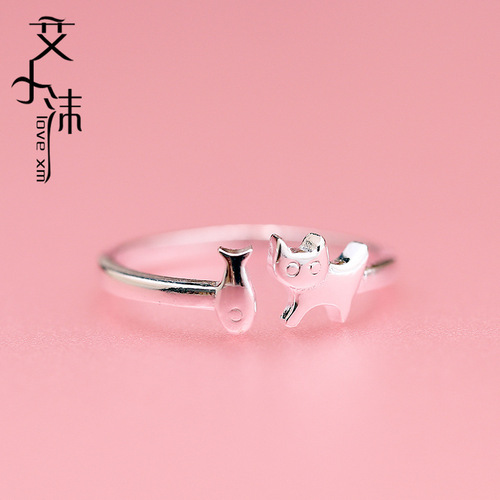 地摊货925银戒指森系甜美幸福猫吃鱼戒指指环可爱小猫小鱼食指戒