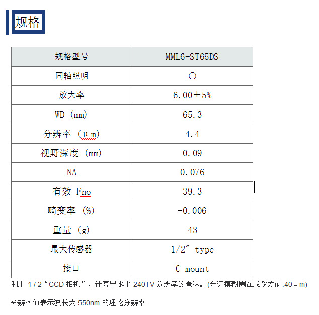 MORITEX茉丽特 MML固定倍率镜头MML-ST系列 MML6-ST65DS 远心镜头