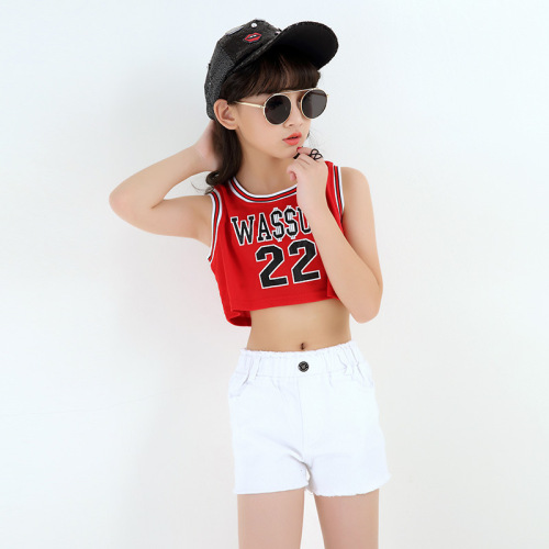 New Korean-style children's jazz dance performance costumes for girls, street dance red sporty tank tops, modern JAZZ performance.