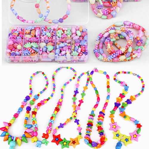 Children's DIY Bead Craft Educational Toys for Girls to Wear Necklace and Bracelet, Low Vision Training Material Set, Beads as Gifts