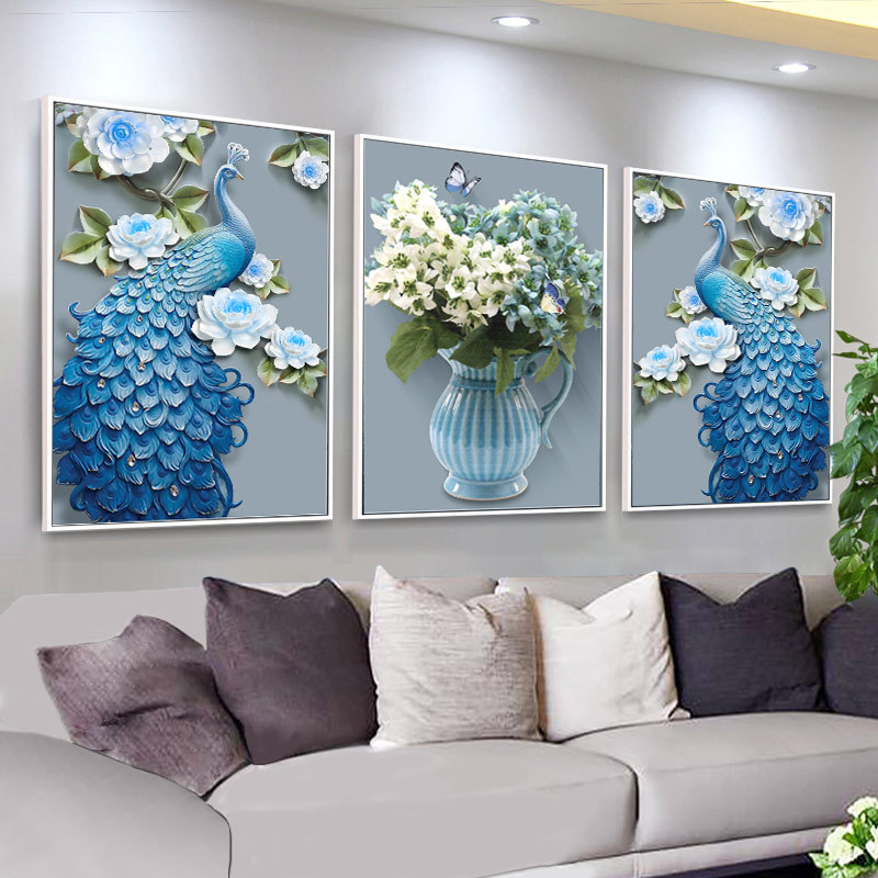 Diamonds a living room Peacock Triptych Simplicity modern Full bore Stick drill Diamonds Cross stitch 2019 Diamond embroidery