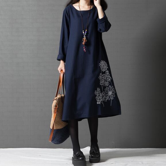 2019新款女装 好面料棉麻 气质时尚口袋印花宽松大码连衣裙外贸