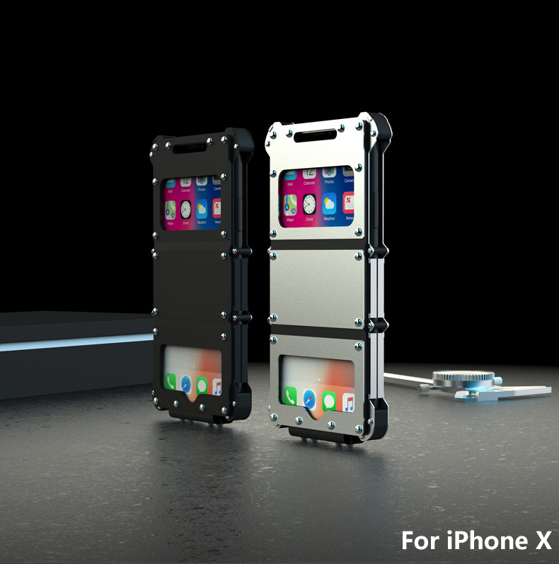 Armor King Iron Man Stainless Steel Dual Window Rivet Leather 360° Flip Case Cover for Apple iPhone X