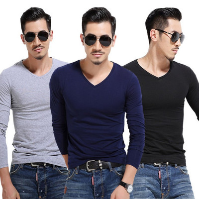 2019秋冬季新款男装长袖T恤男式T恤纯色修身长袖男士空白T恤批发