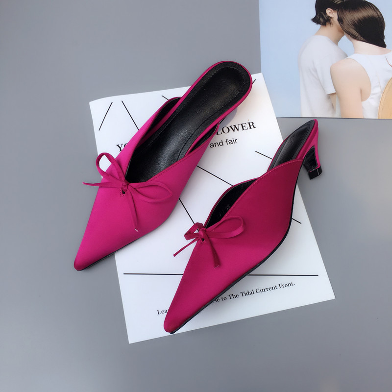 Summer New Korean Pointed Fashion Wild Half Slippers Thin Heel Bow Sandals Wholesale Nihaojewelry display picture 1