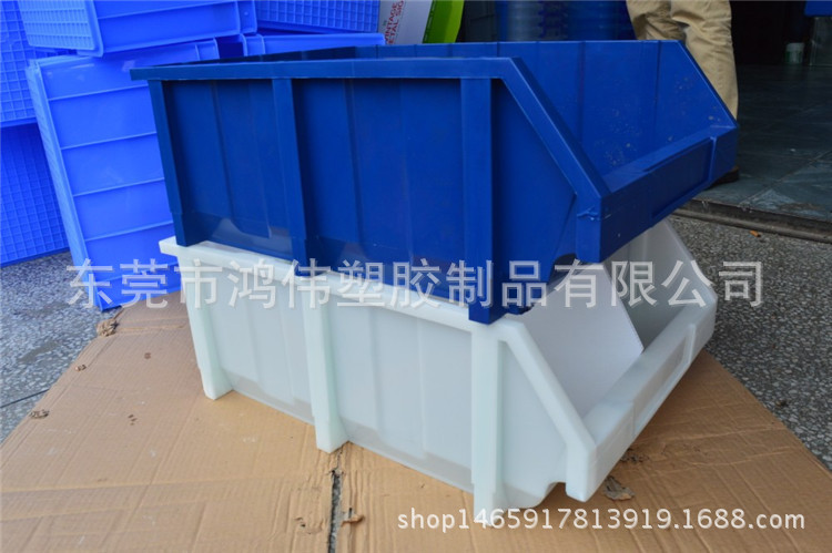 供应蓝色 白色 600*400*230mm大号斜口盒 带插柱工业周转盒