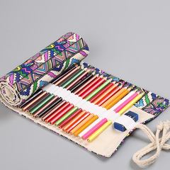 Muyuan Stationery Ethnic-style Canvas Print Simple Pencil Case with 12/24/36/48/72 Holes for Sketching and Colored Pencils