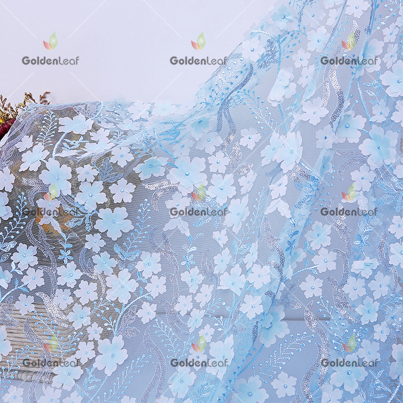 新款爆款立体欧根纱网布绣花面料 女装婚纱礼服雪纺花朵绣花面料