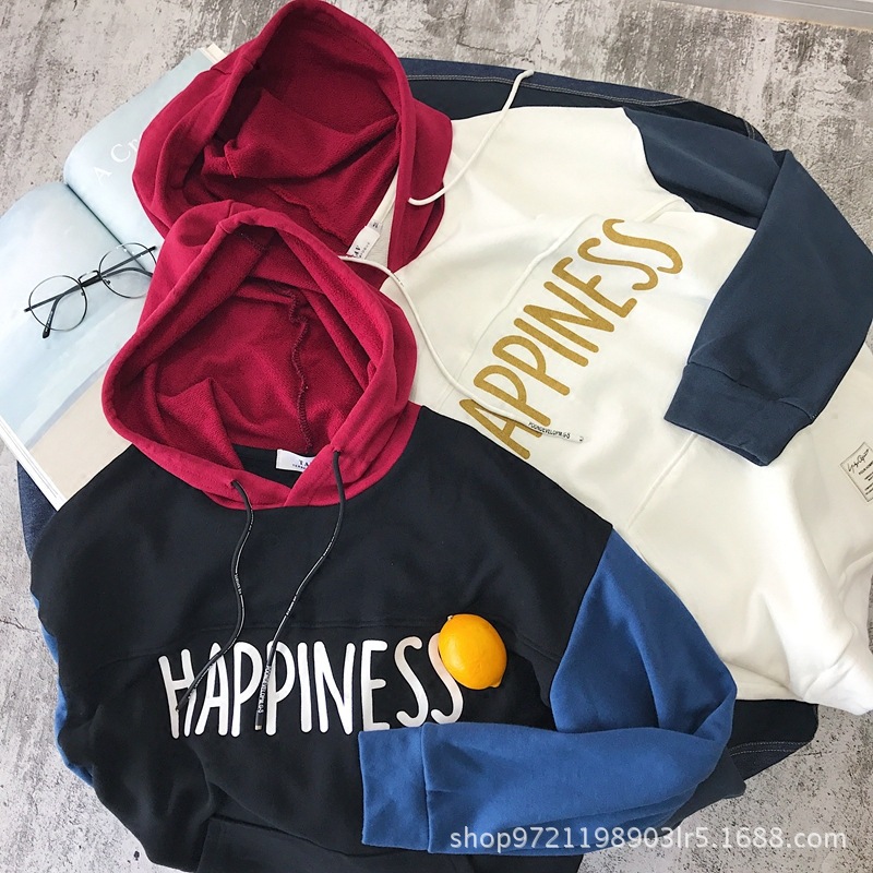 工厂定制 秋装新款港味拼接连帽卫衣原宿中性宽松带帽情侣装