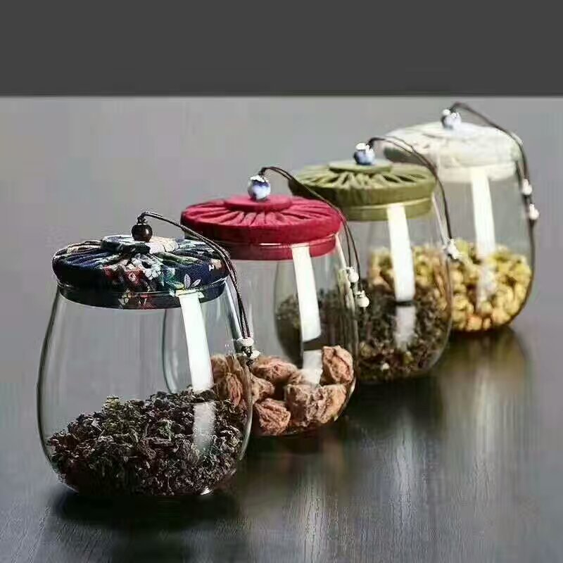 New flower cloth covered tea can, transparent glass storage can, sealed can, household candy storage can, floral tea can