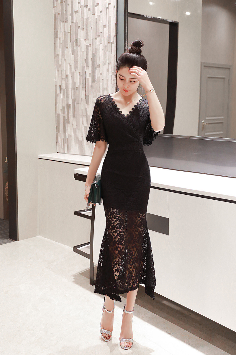 Đầm nữ cổ chữ V ren ôm body dáng dài — Màu đen chi tiết 11