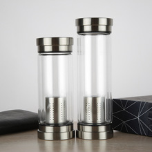 创意双层两头通玻璃杯带提环盖高硼硅玻璃水杯子定制广告礼品杯茶