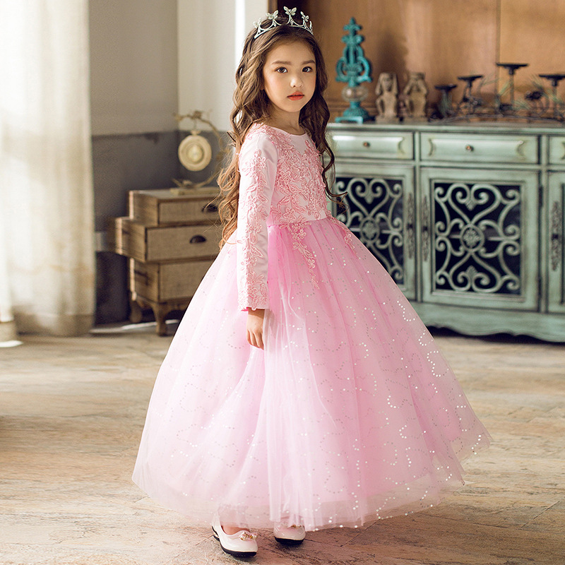 花童礼服公主裙长款儿童婚纱秋冬长袖蓬蓬裙婚礼演出服女童