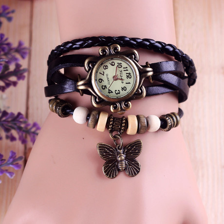 Retro Watch Fashion Leather Winding Bracelet Watch Belt Watch Ladies Children Watch Butterfly Pendant Wholesale